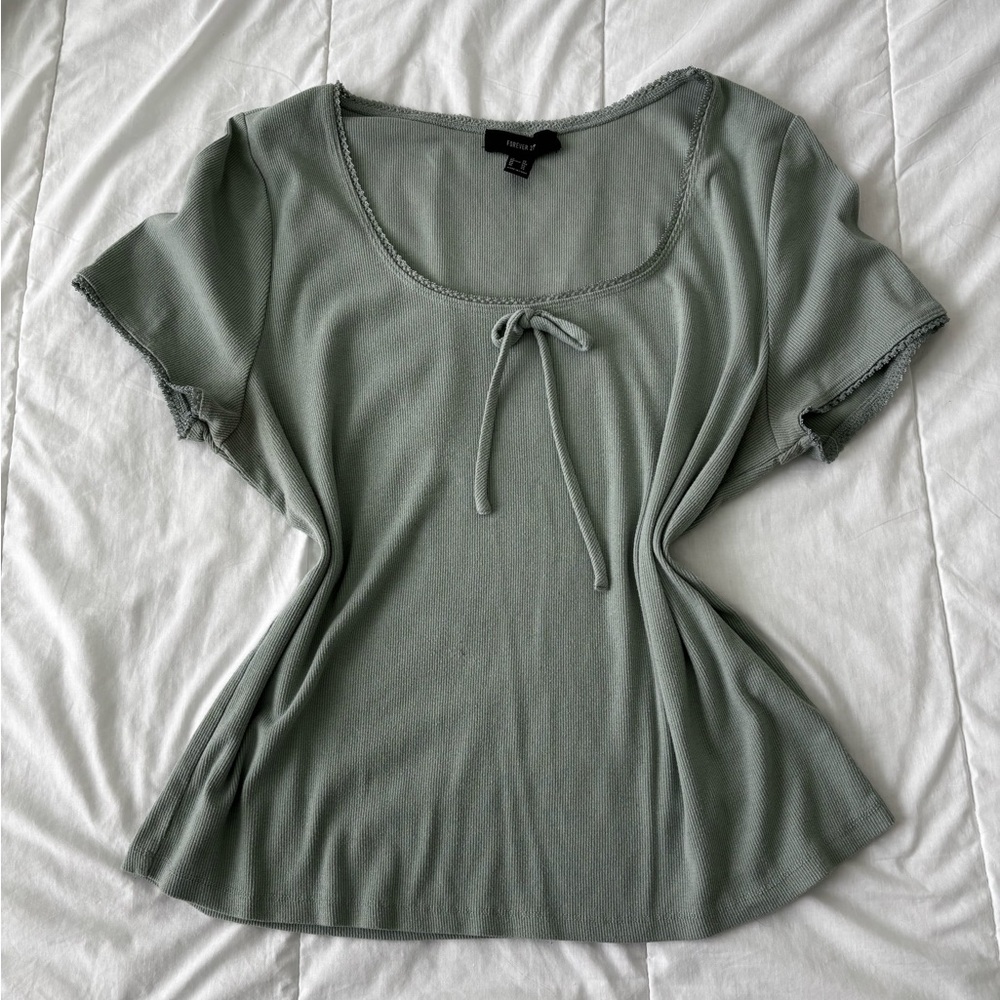 Forever 21 Green Tie Front Fitted Blouse